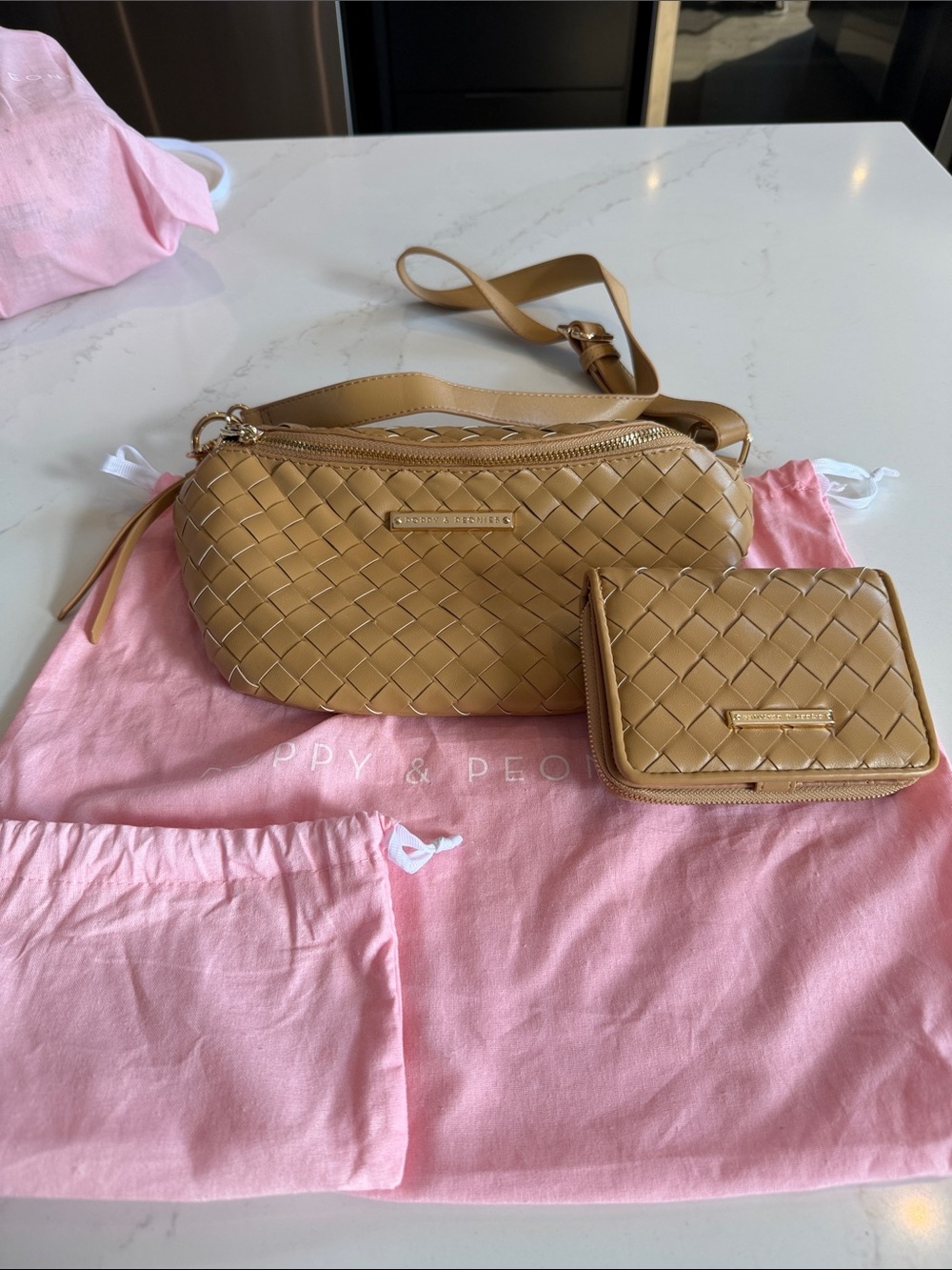 Poppy & Peonies Tan Woven Crossbody and Zip Wallet Set